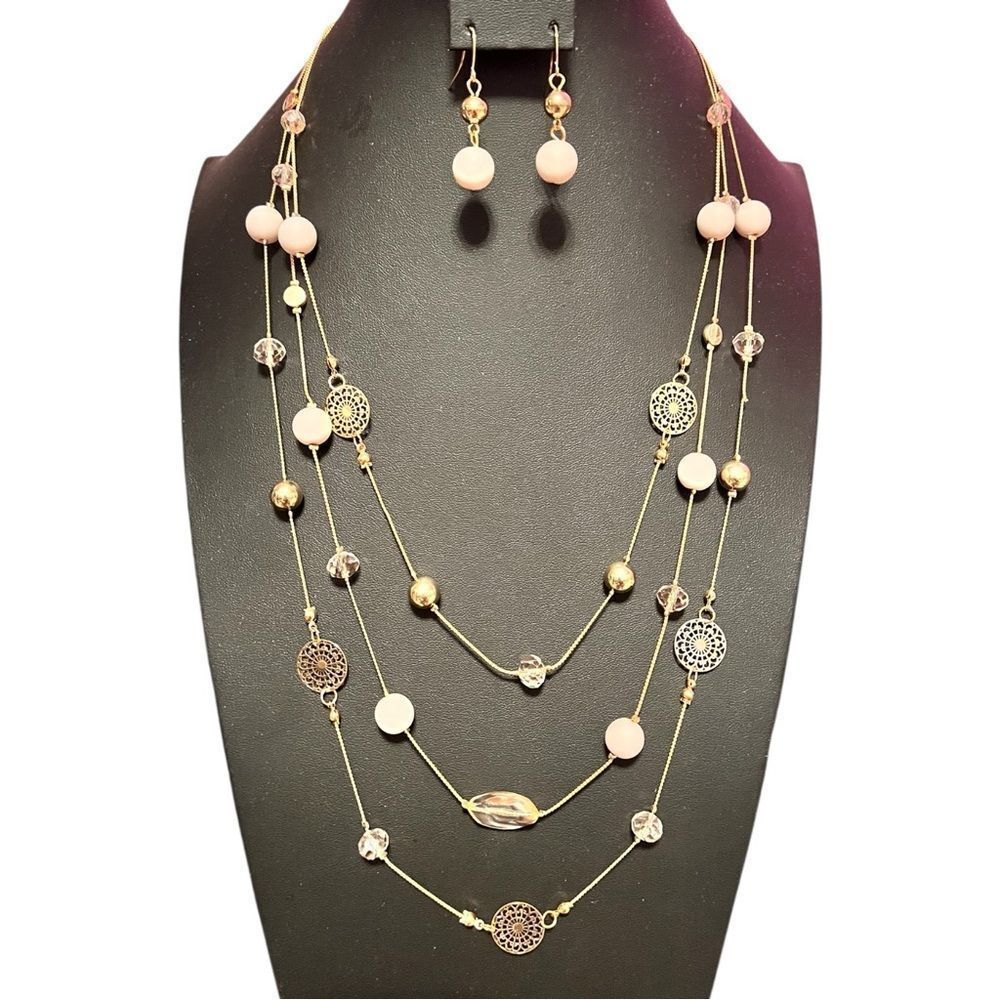 nOir Jewelry Gold and Pink Layered Necklace And Earrings Set